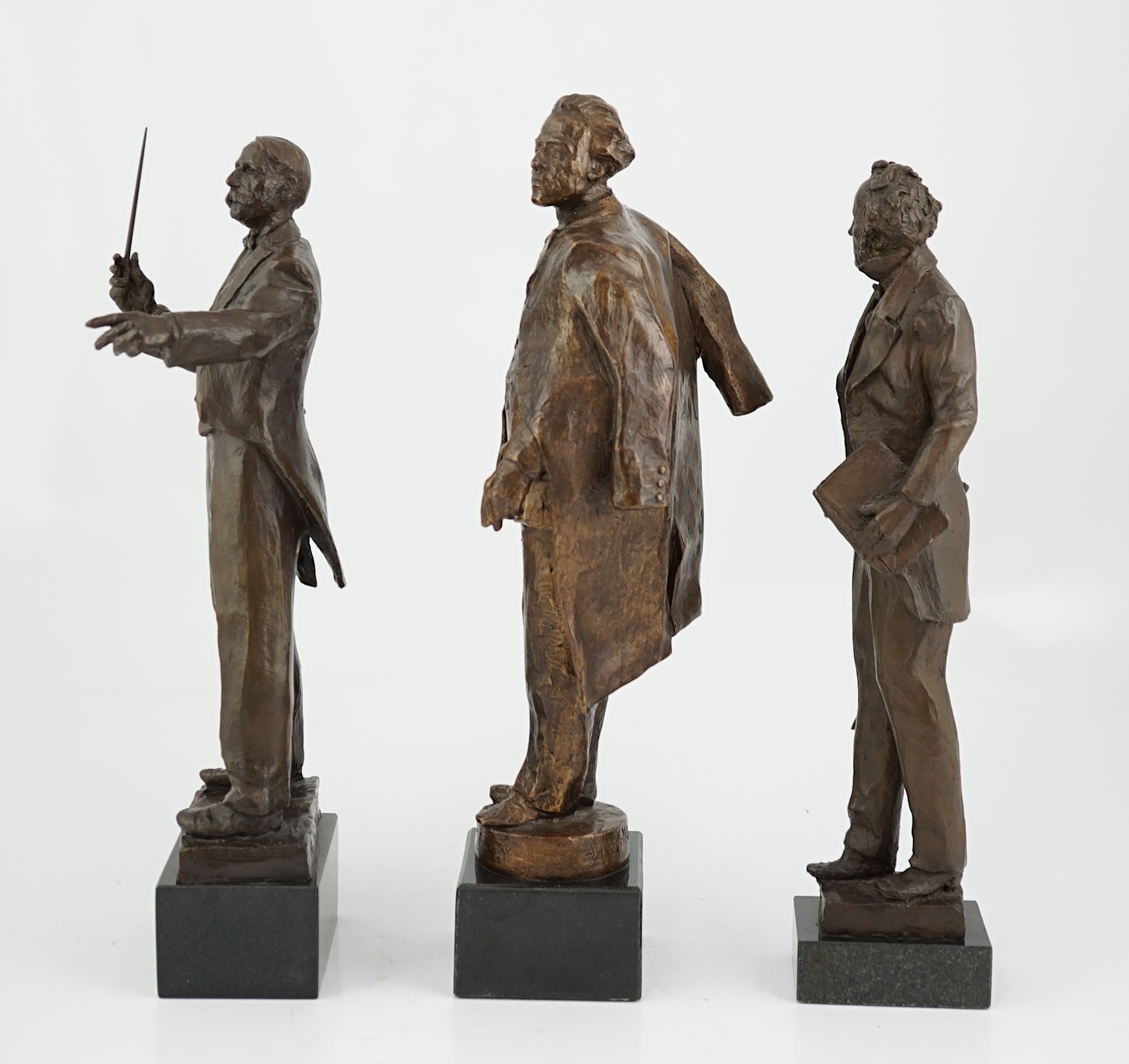 Anthony Hawken FRSS (British, b.1948), three bronze figures of composers, Gustav Mahler, Sir Edward Elgar and Mendelssohn